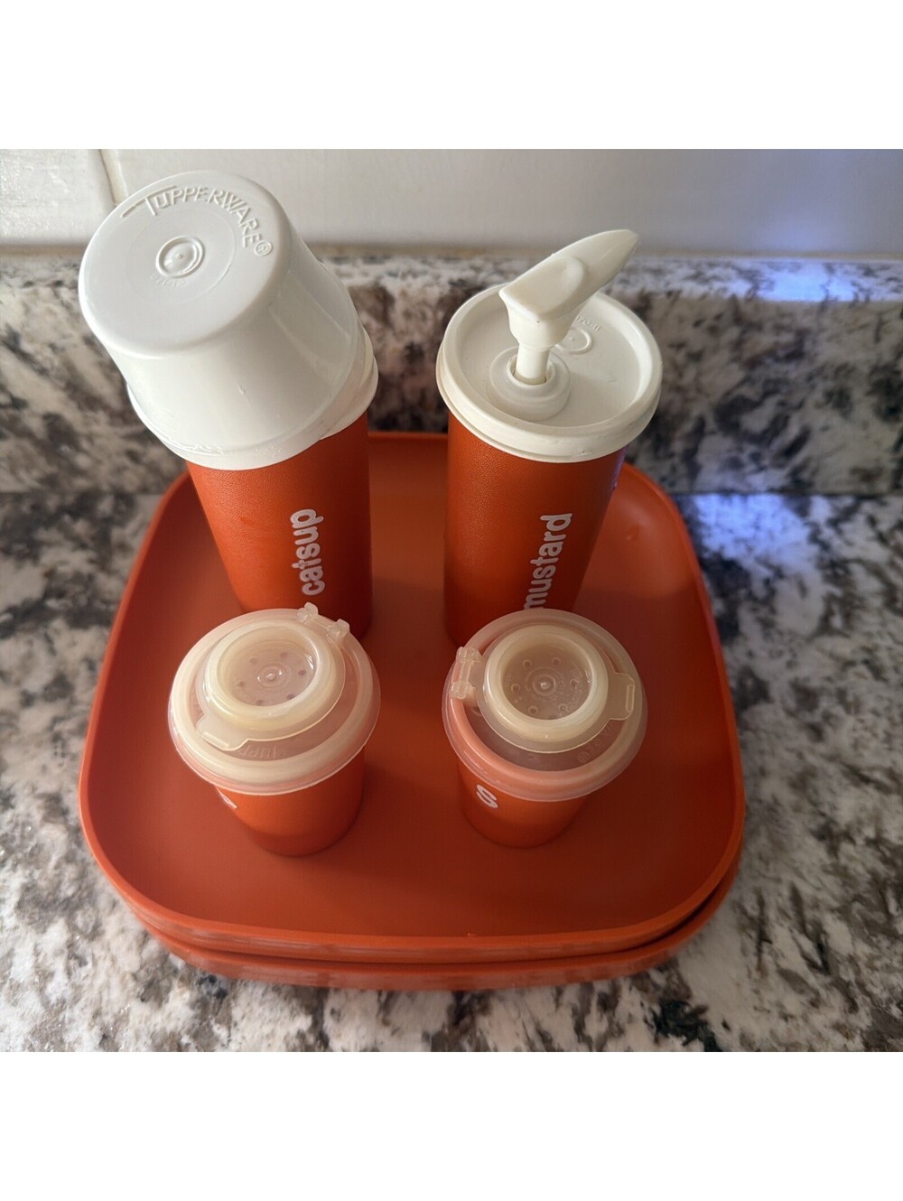VTG TUPPERWARE PICNIC SET~1970's~Orange Plates,Condiments, S & P Shakers